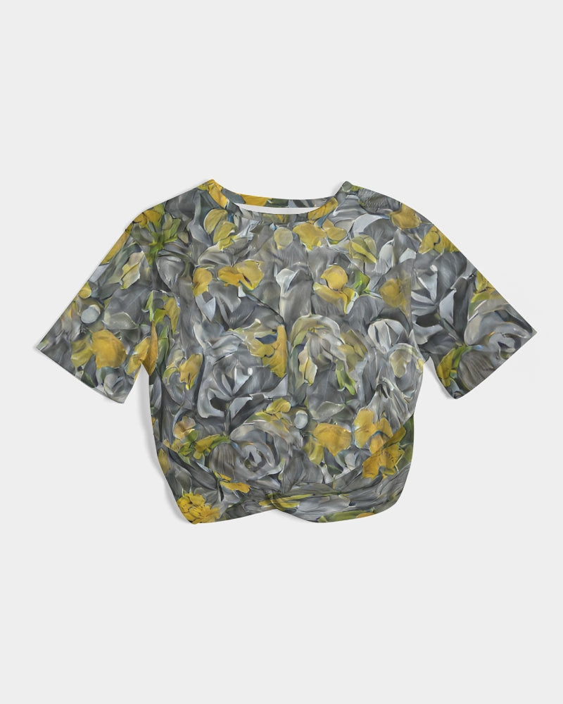 Orange and yellow and grey abstract design of Roses Women's Twist-Front Cropped Tee