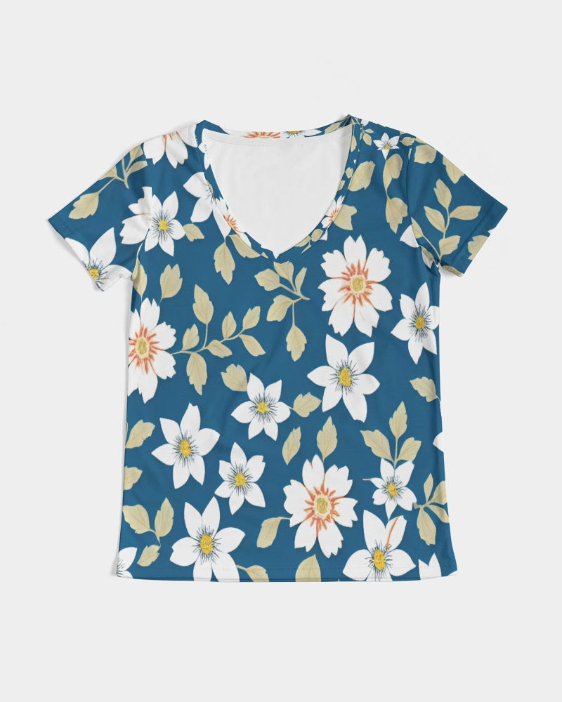 Dark blue background and white flower pattern Women's All-Over Print V-Neck Tee