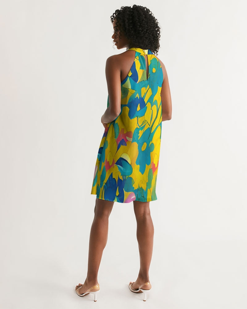 Beautiful yellow and blue hint of red pattern Women's Halter Dress