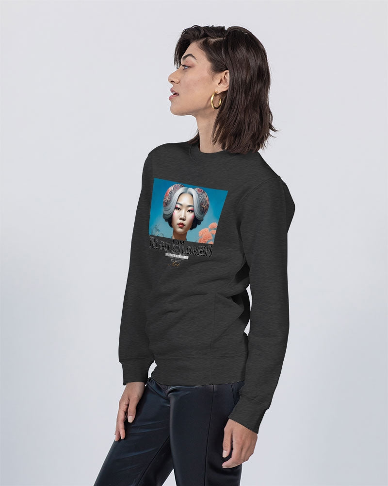 Promoting Asian women with silver grey Unisex Premium Crewneck Sweatshirt | Lane Seven