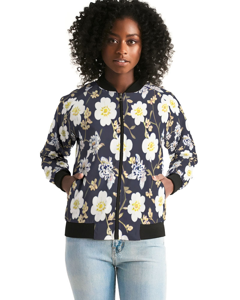 Pink flower black background Women's All-Over Print Bomber Jacket