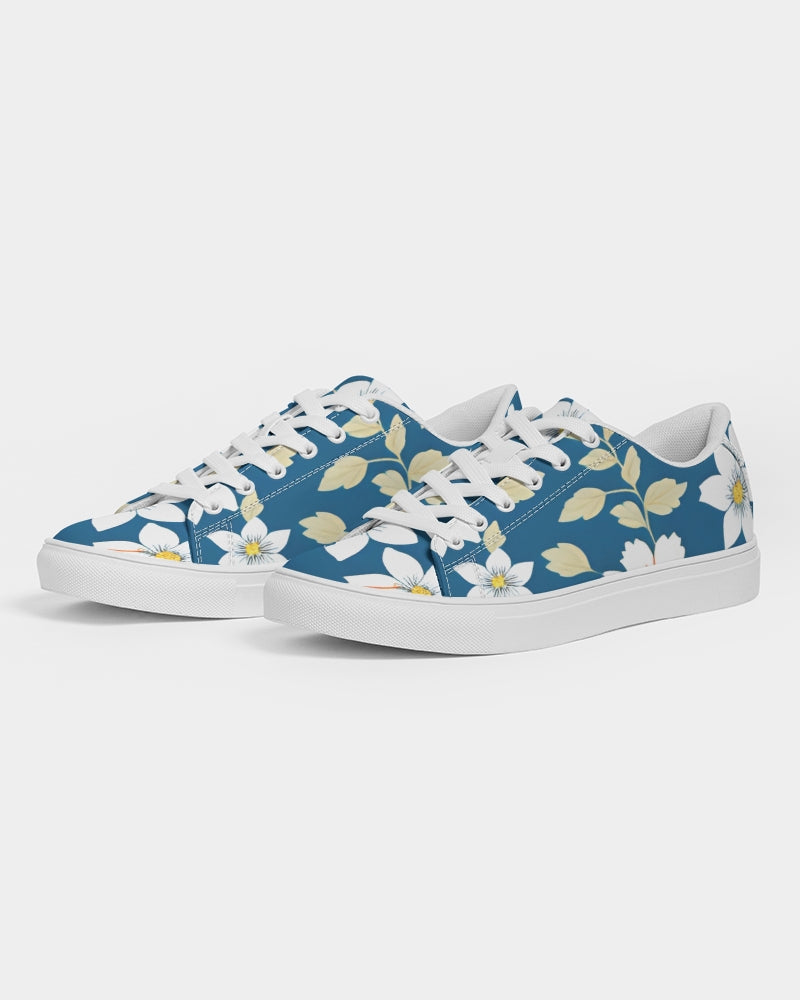 Dark blue background and white flower pattern Women's Faux-Leather Sneaker