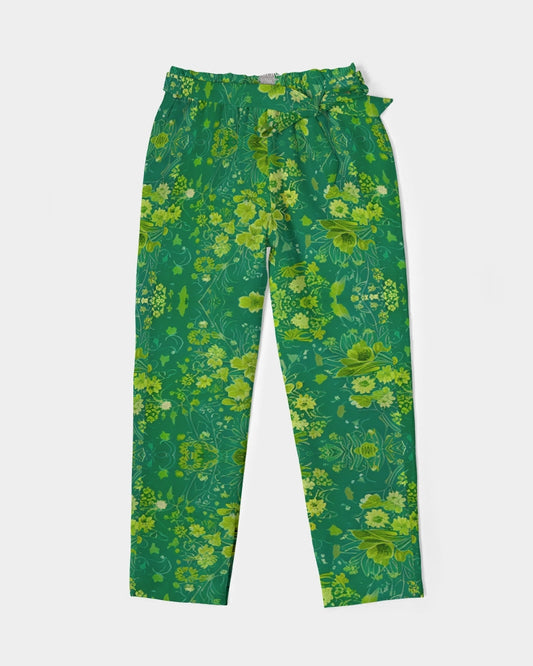 Green lush Repeat pattern Women's Belted Tapered Pants