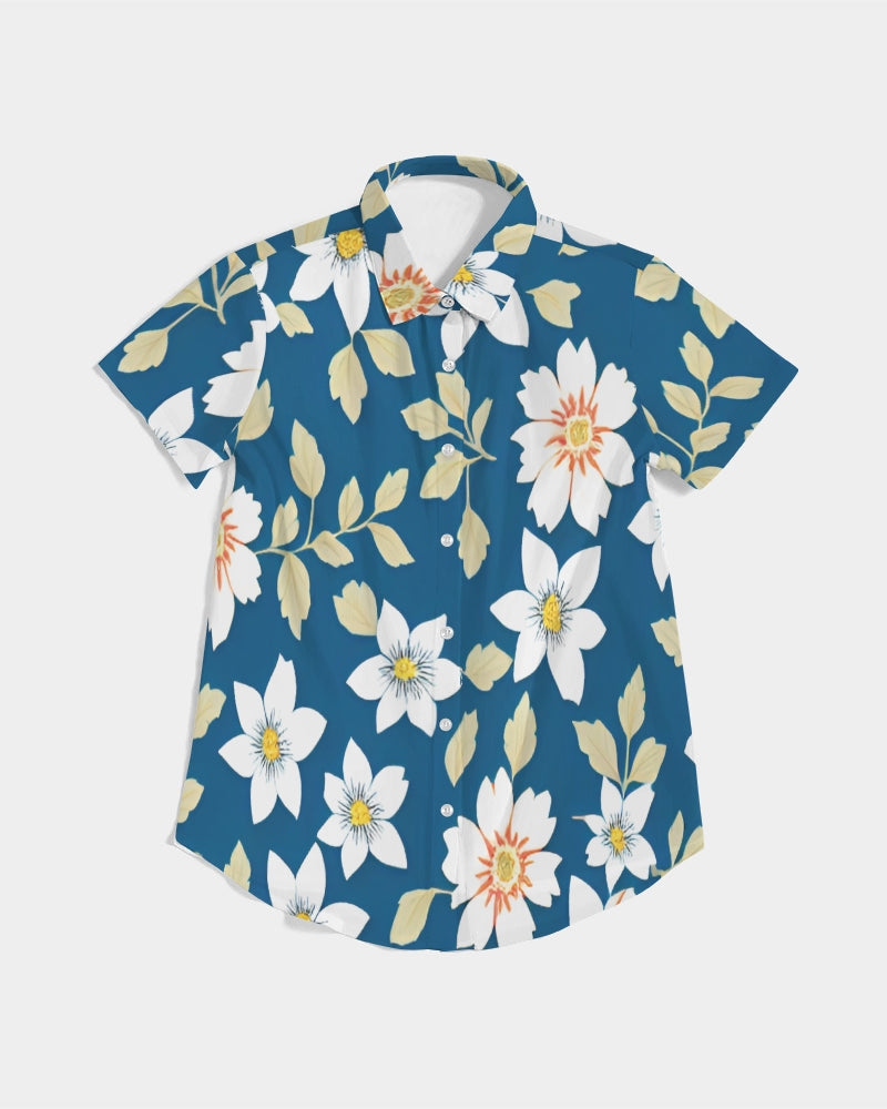 Dark blue background and white flower pattern Women's All-Over Print Short Sleeve Button Up