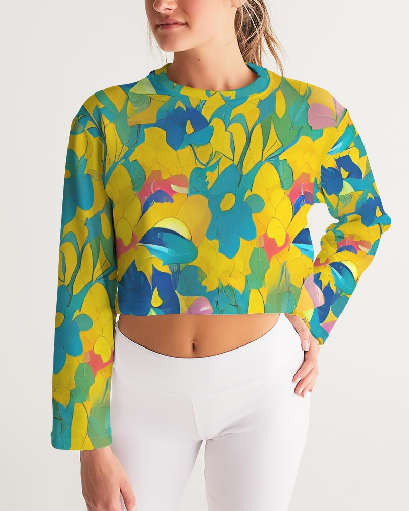 Beautiful yellow and blue hint of red pattern Women's Cropped Sweatshirt