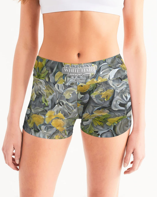 Yellow and grey abstract rose with high up title Women's Mid-Rise Yoga Shorts