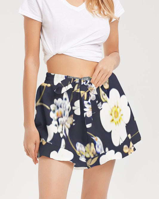 Pink flower black background Women's All-Over Print Ruffle Shorts