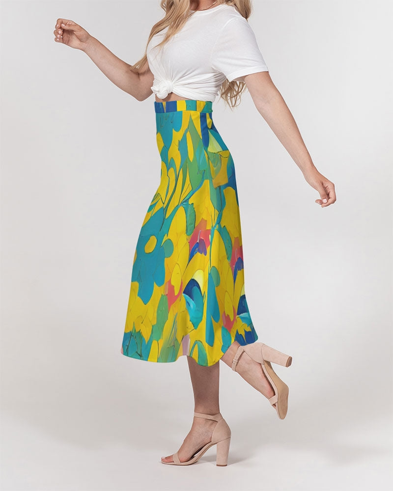 Beautiful yellow and blue hint of red pattern Women's A-Line Midi Skirt