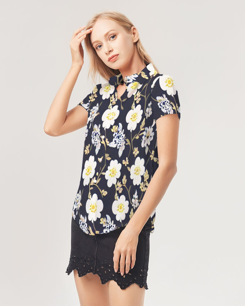 Pink flower black background Women's All-Over Print Short Sleeve Button Up