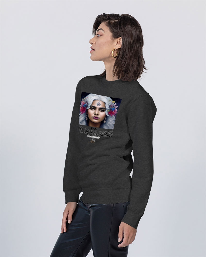 Promoting Indian women with silver grey hair Unisex Premium Crewneck Sweatshirt | Lane Seven