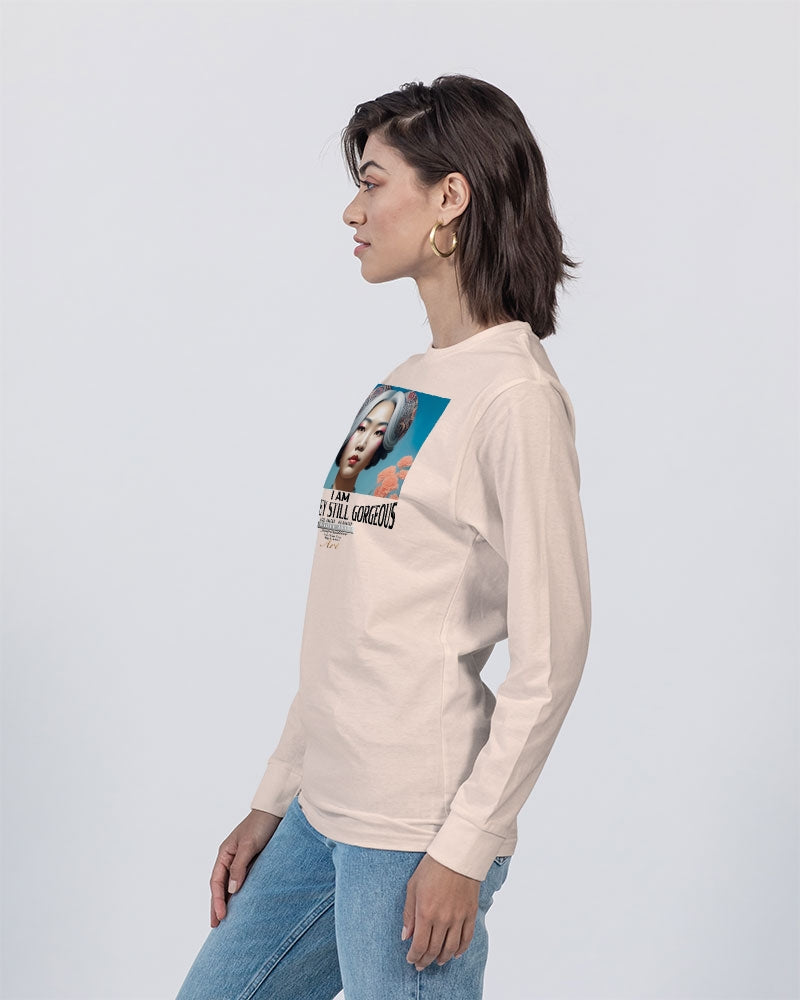 Promoting Asian women with silver grey Unisex Long Sleeve Tee | Lane Seven