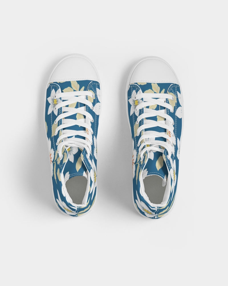 Dark blue background and white flower pattern Women's Hightop Canvas Shoe