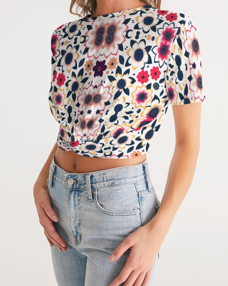 Abstract flower pattern Women's All-Over Print Twist-Front Cropped Tee