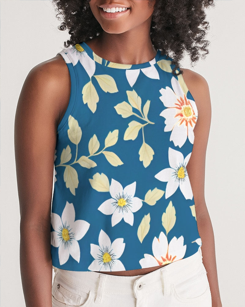 Dark blue background and white flower pattern Women's All-Over Print Cropped Tank