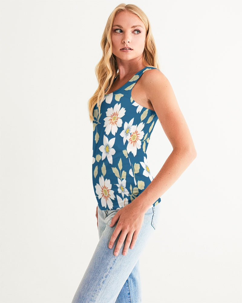 Dark blue background and white flower pattern Women's All-Over Print Tank