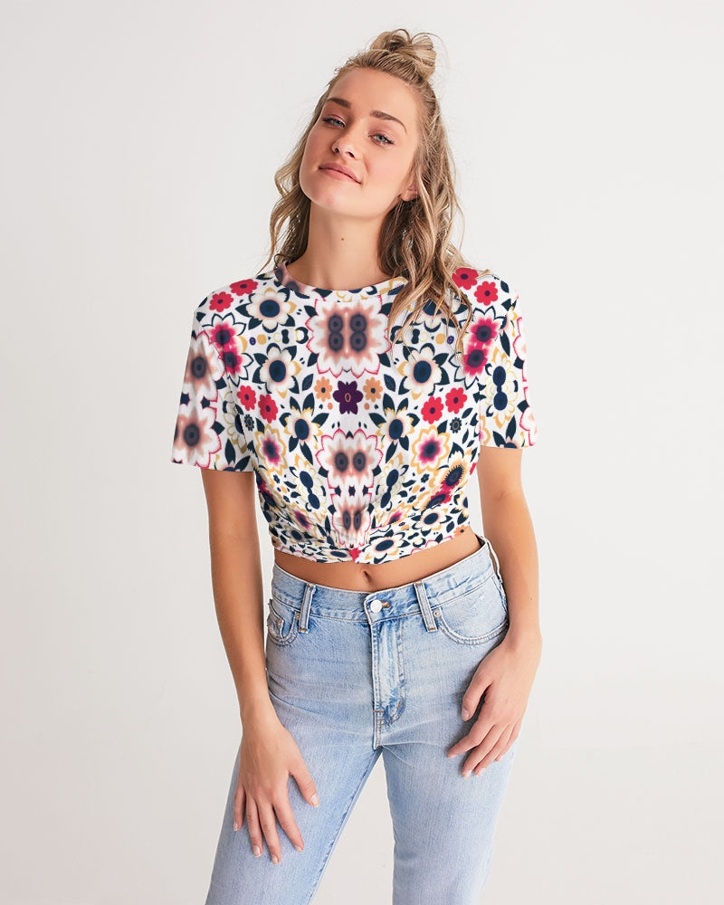 Abstract flower pattern Women's All-Over Print Twist-Front Cropped Tee