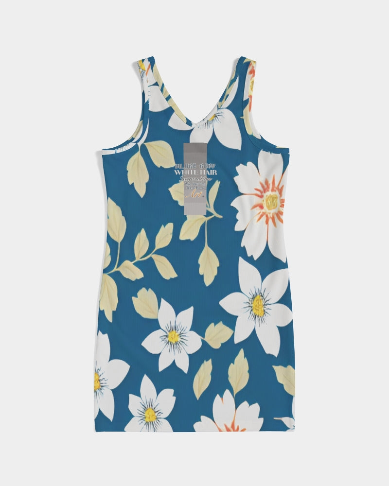 Dark blue background and white flower pattern Women's All-Over PrintRib Knit V Neck Mini Dress