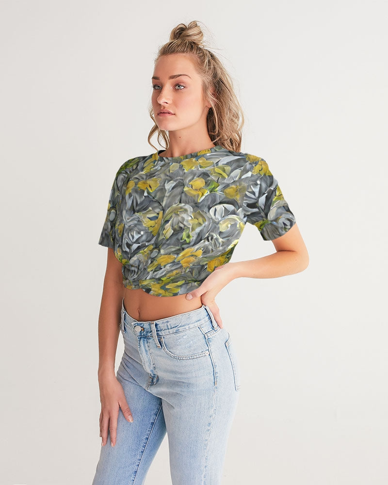 Orange and yellow and grey abstract design of Roses Women's Twist-Front Cropped Tee