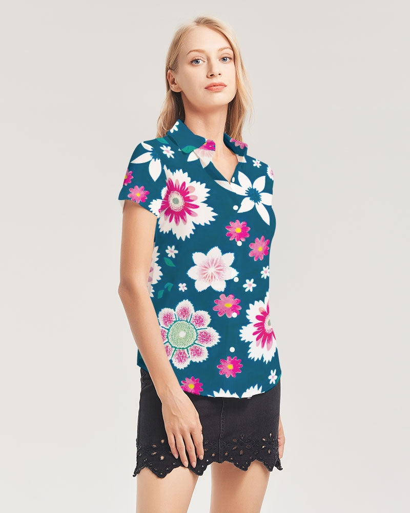 Beautiful floral pattern Women's All-Over Print Short Sleeve Button Up