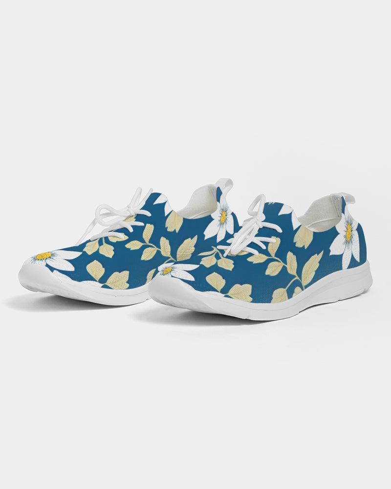 Dark blue background and white flower pattern Women's Lace Up Flyknit Shoe