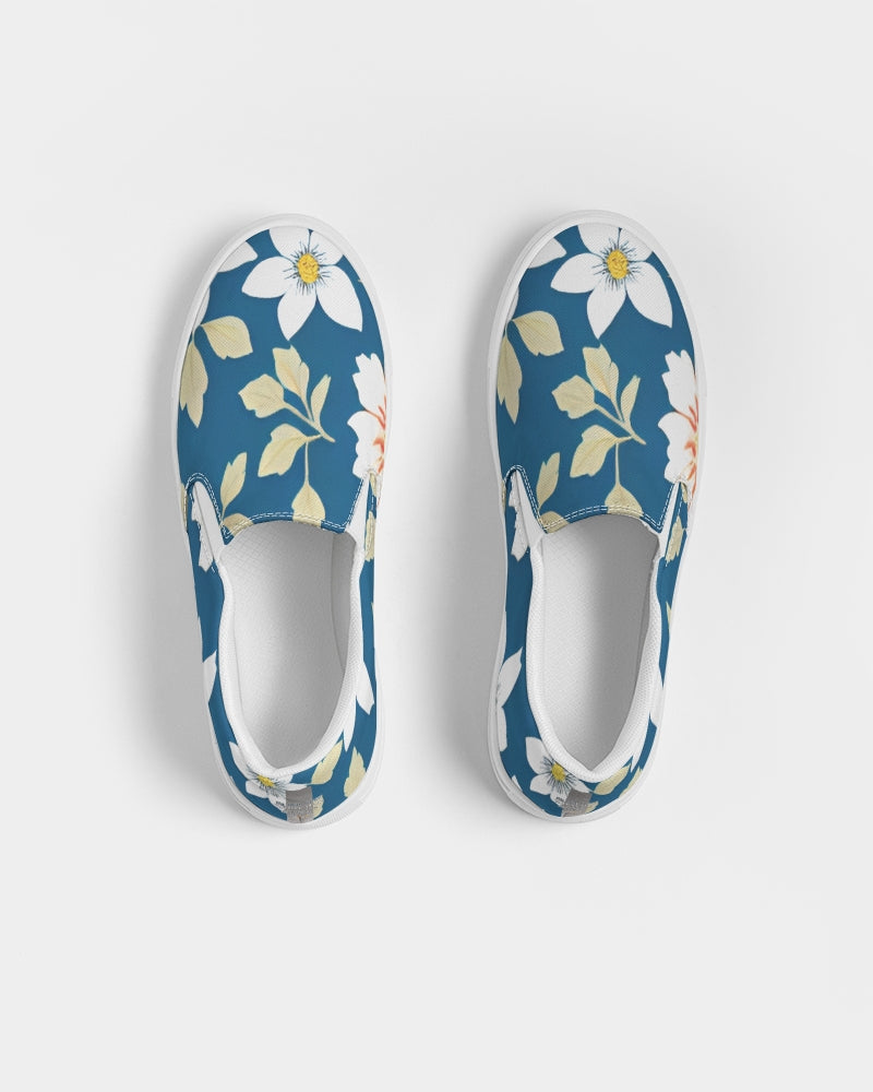 Dark blue background and white flower pattern Women's Slip-On Canvas Shoe