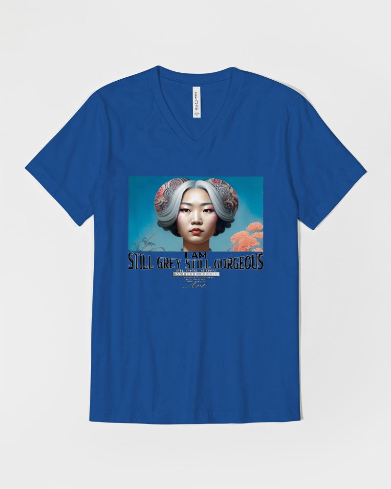 Promoting Asian women with silver grey Unisex Jersey V-Neck Tee | Bella + Canvas