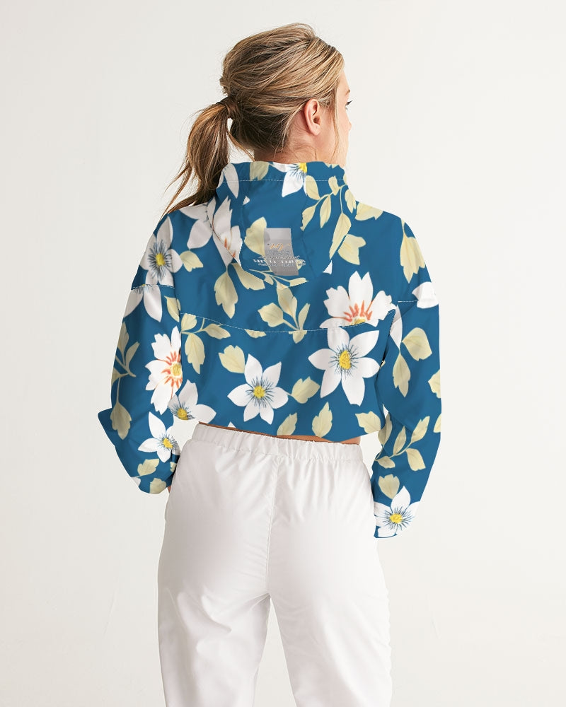 Dark blue background and white flower pattern Women's All-Over Print Cropped Windbreaker