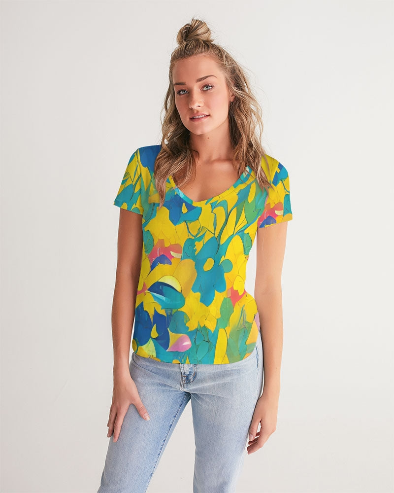 Beautiful yellow and blue hint of red pattern Women's V-Neck Tee