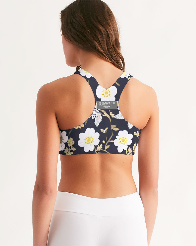 Pink flower black background Women's All-Over Print Seamless Sports Bra