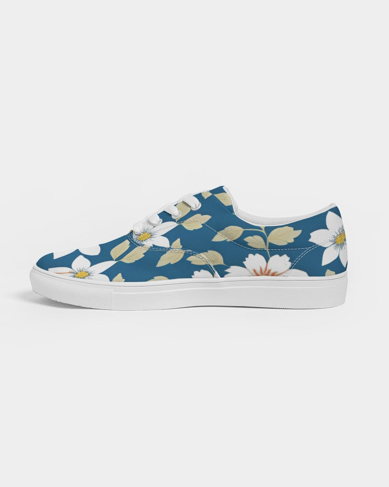 Dark blue background and white flower pattern Women's Lace Up Canvas Shoe