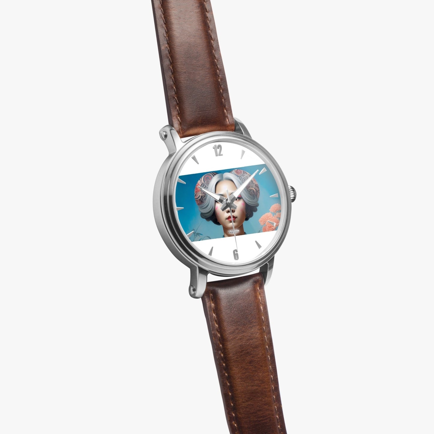 Asian woman clock face Silver grey white hair inspiration 46mm Unisex Automatic Watch (Silver)