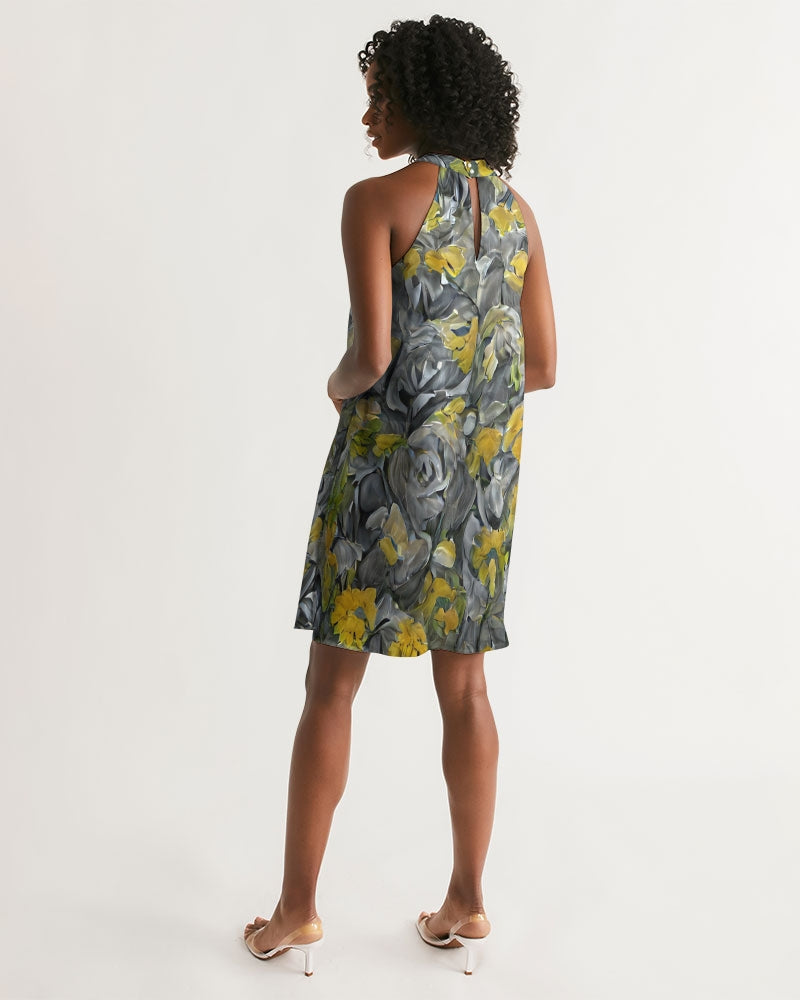 Orange and yellow and grey abstract design of Roses Women's Halter Dress