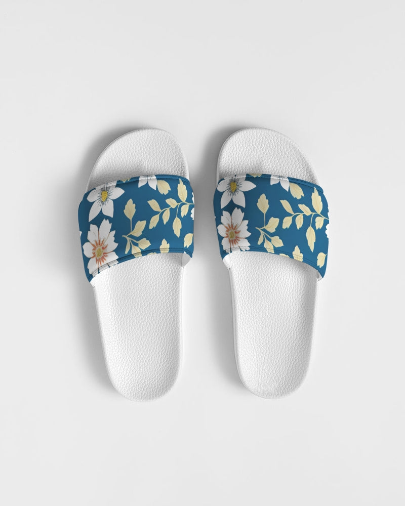 Dark blue background and white flower pattern Women's Slide Sandal