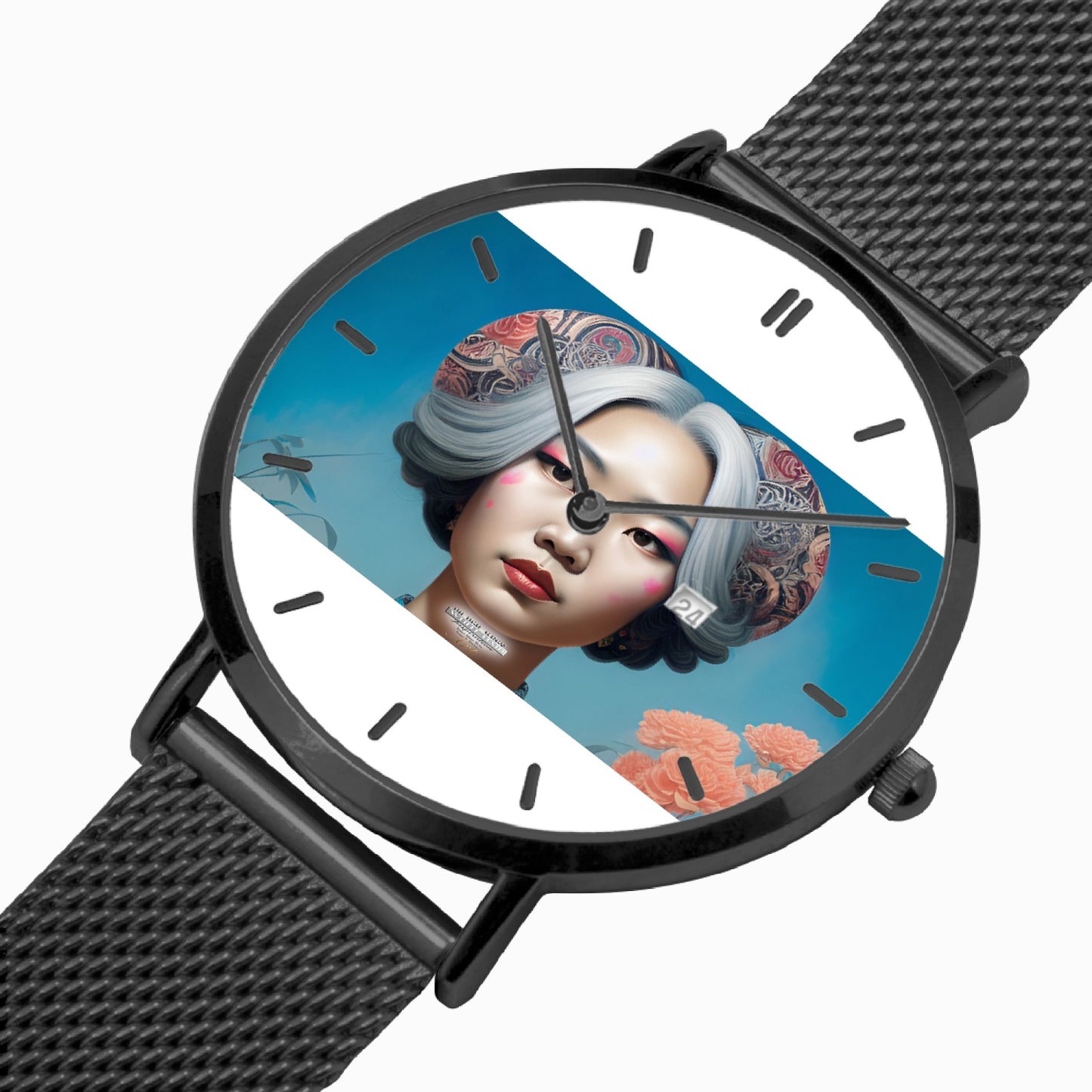 Asian woman clock face Silver grey white hair inspiration Stainless Steel Perpetual Calendar Quartz Watch (With Indicators)