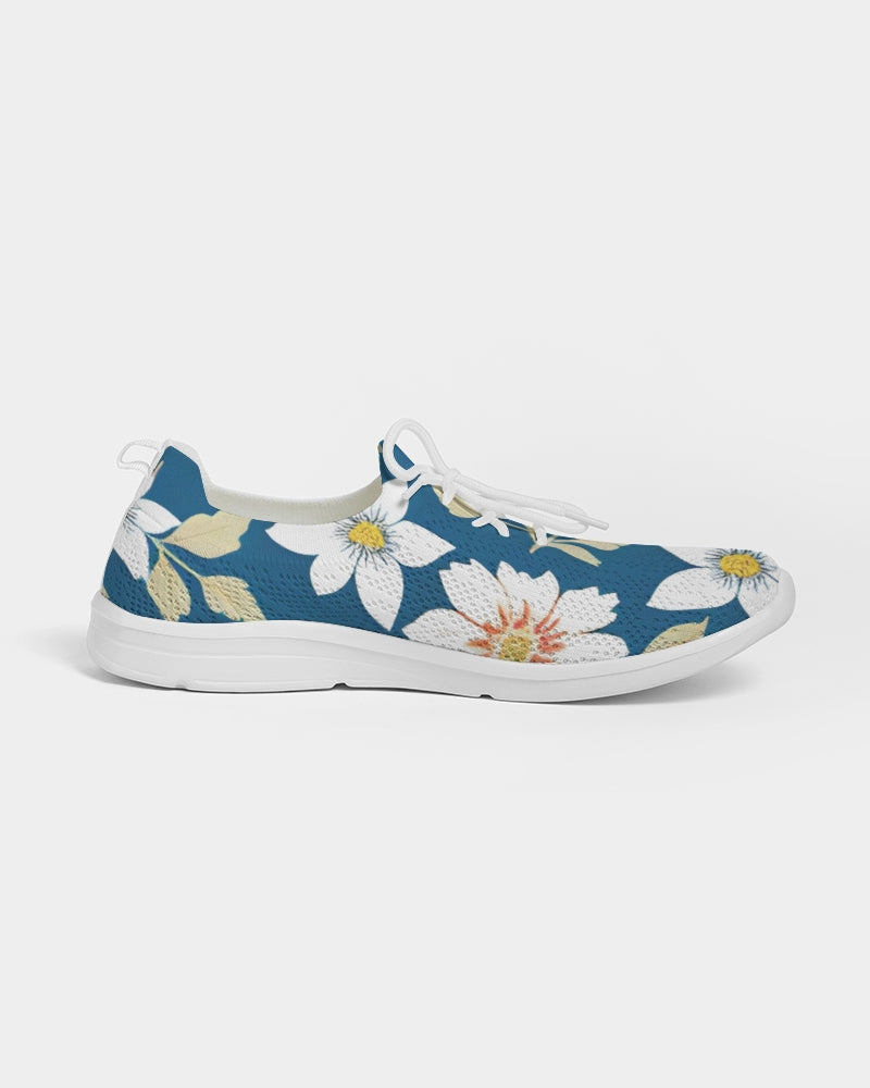 Dark blue background and white flower pattern Women's Lace Up Flyknit Shoe