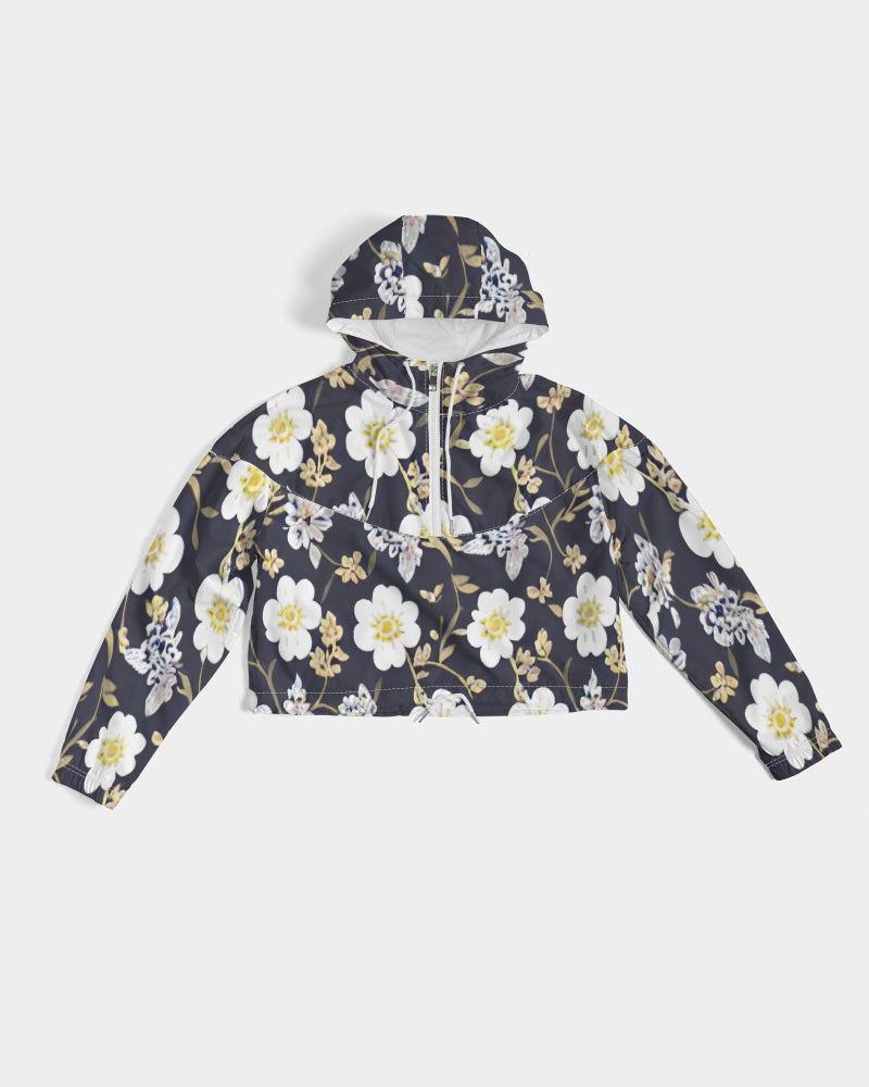 Pink flower black background Women's All-Over Print Cropped Windbreaker