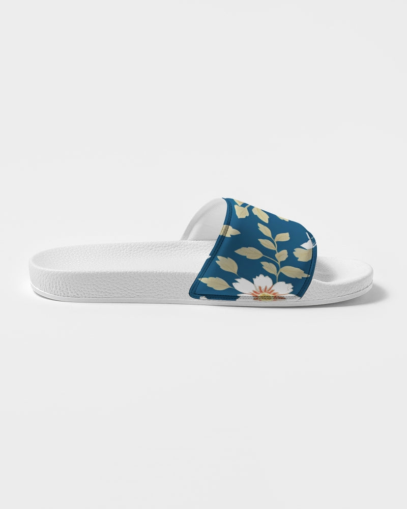 Dark blue background and white flower pattern Women's Slide Sandal