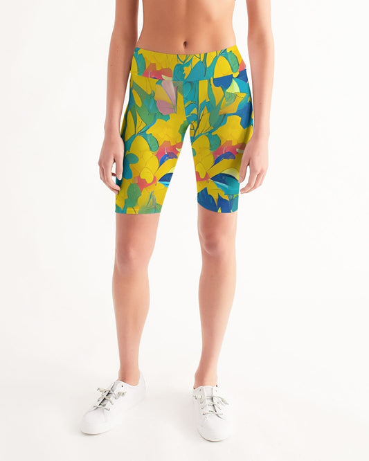 Beautiful yellow and blue hint of red pattern Women's Mid-Rise Bike Shorts