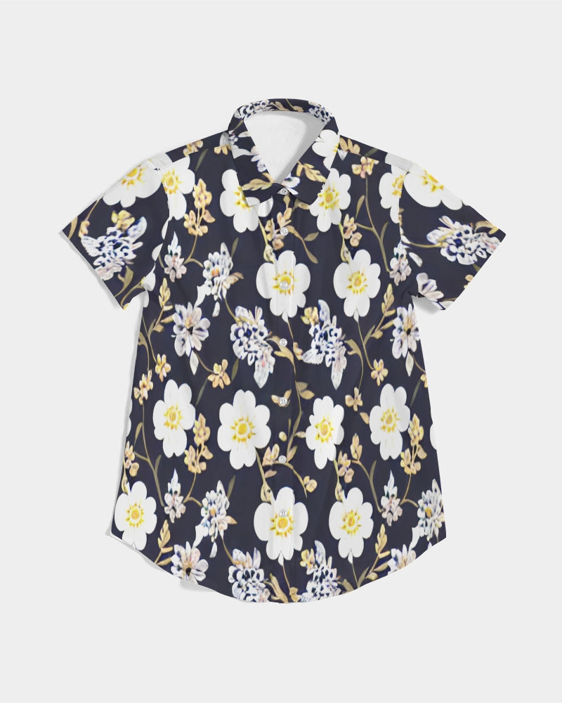 Pink flower black background Women's All-Over Print Short Sleeve Button Up