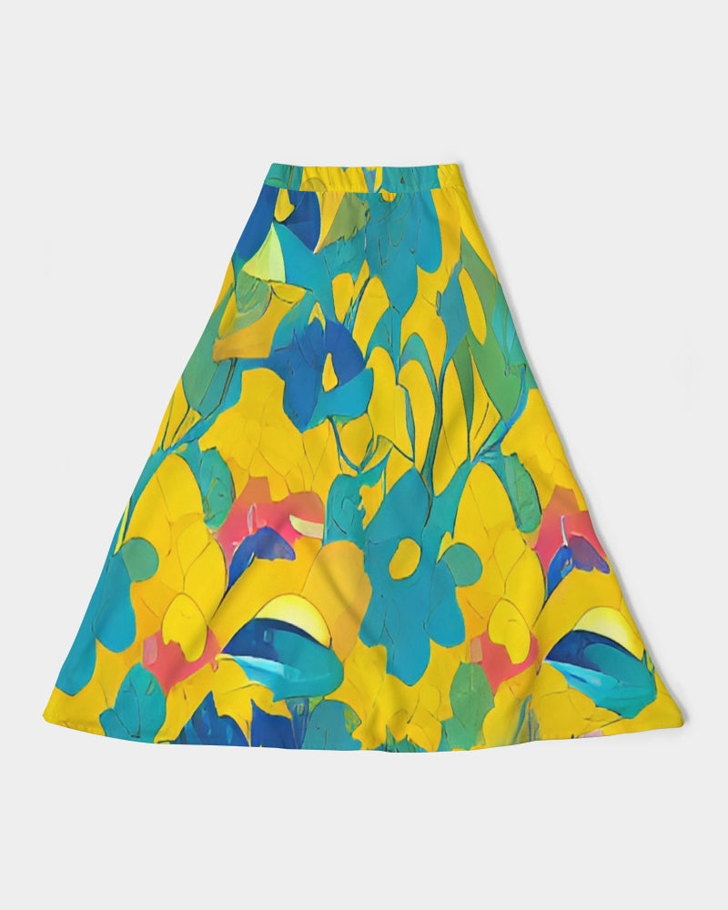 Beautiful yellow and blue hint of red pattern Women's A-Line Midi Skirt