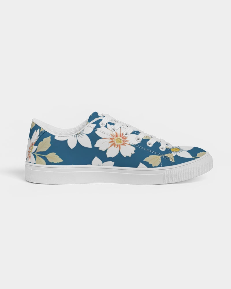 Dark blue background and white flower pattern Women's Faux-Leather Sneaker