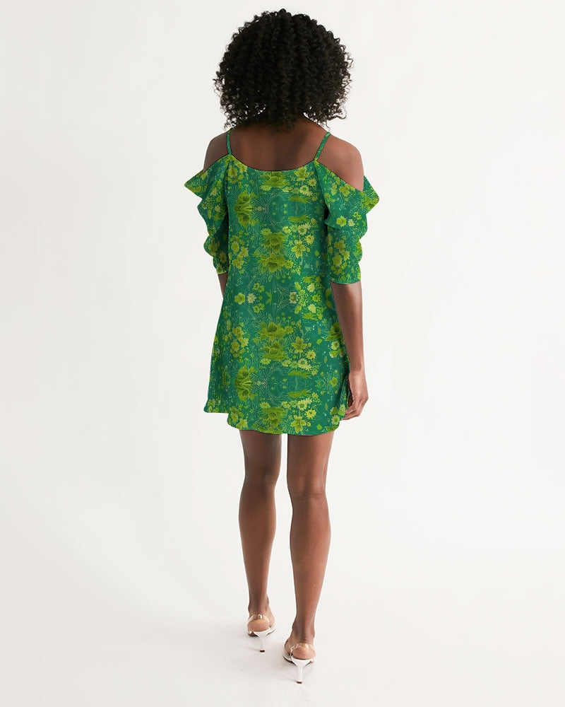 Green lush Repeat pattern Women's Open Shoulder A-Line Dress