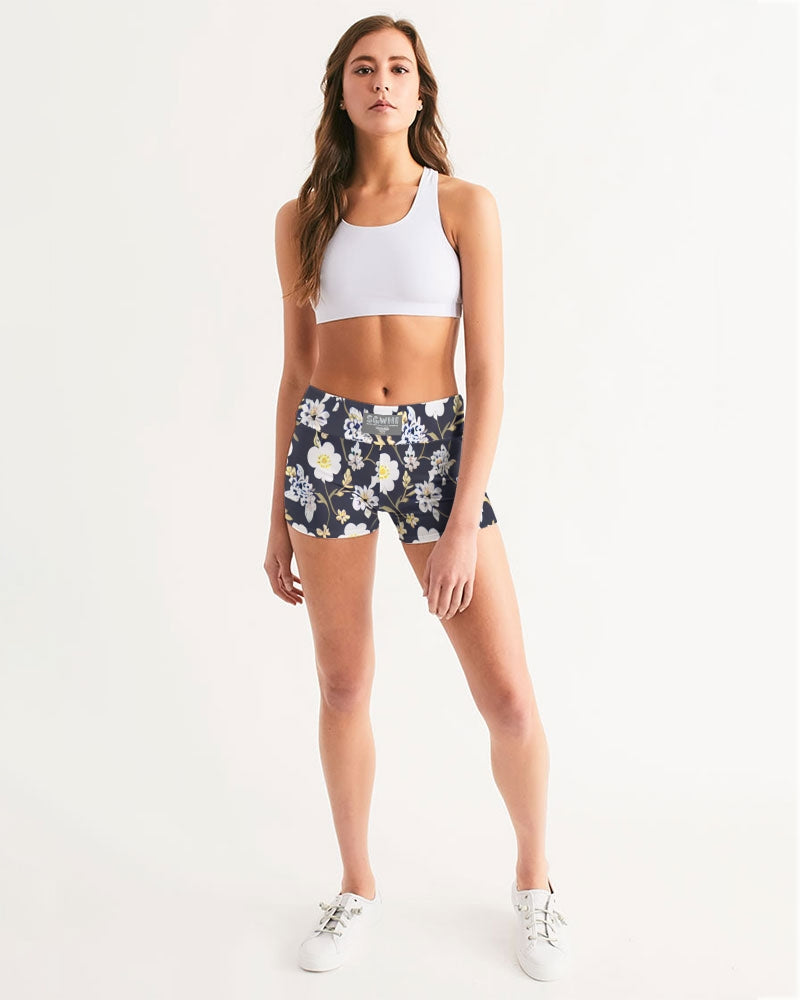 Pink flower black background Women's All-Over Print Mid-Rise Yoga Shorts