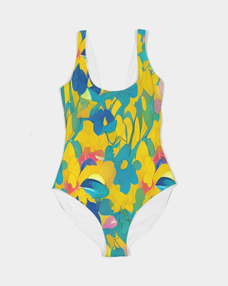 Beautiful yellow and blue hint of red pattern Women's One-Piece Swimsuit