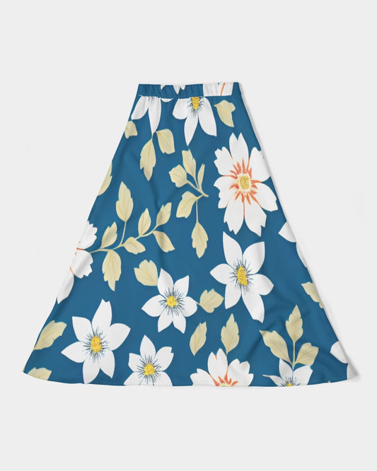 Dark blue background and white flower pattern Women's All-Over Print A-Line Midi Skirt