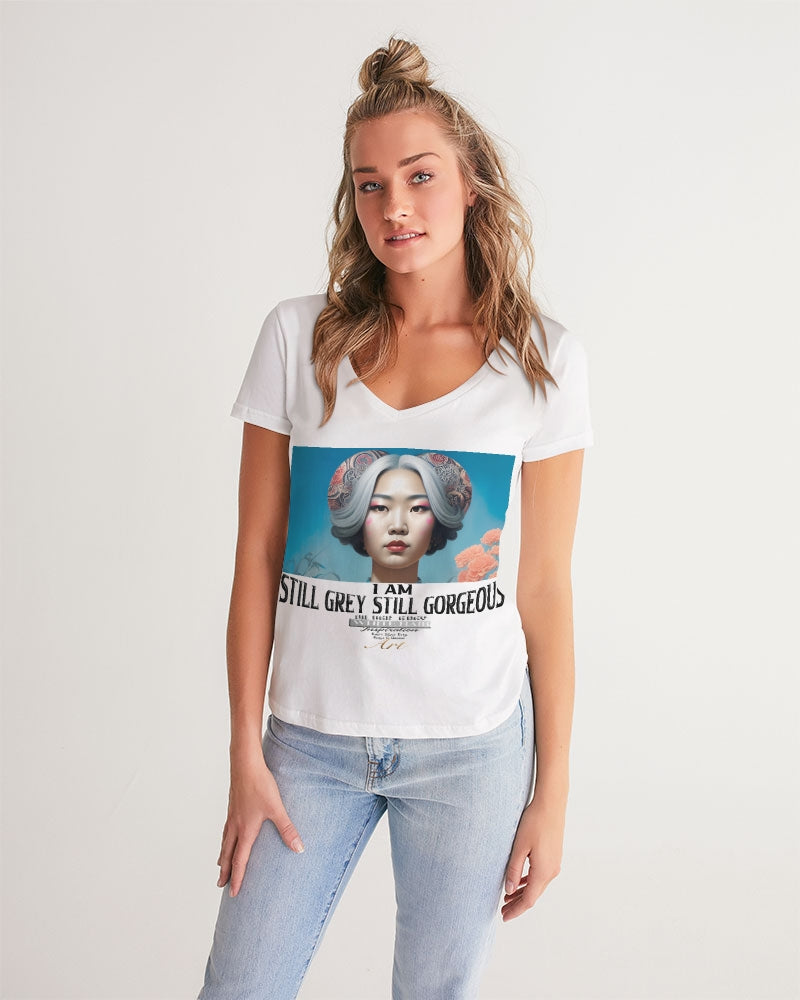 Promoting Asian women with silver grey Women's V-Neck Tee