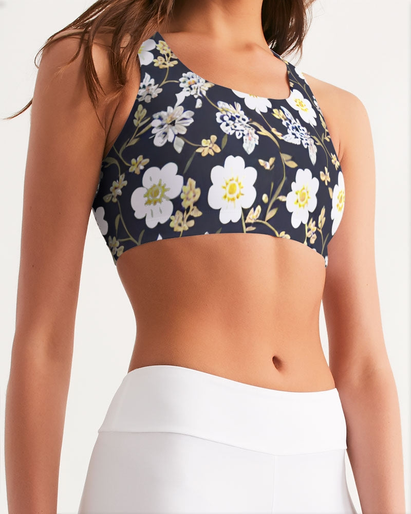 Pink flower black background Women's All-Over Print Seamless Sports Bra