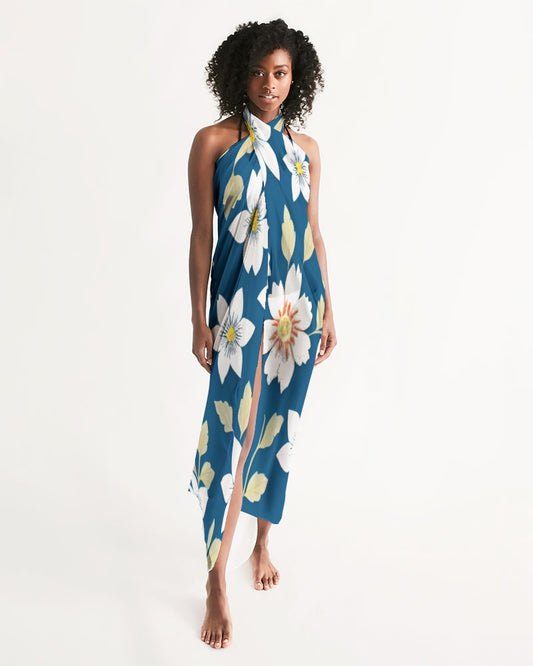 Dark blue background and white flower pattern All-Over Print Swim Cover Up