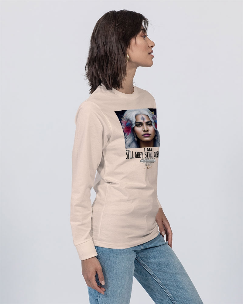 Promoting Indian women with silver grey hair Unisex Long Sleeve Tee | Lane Seven