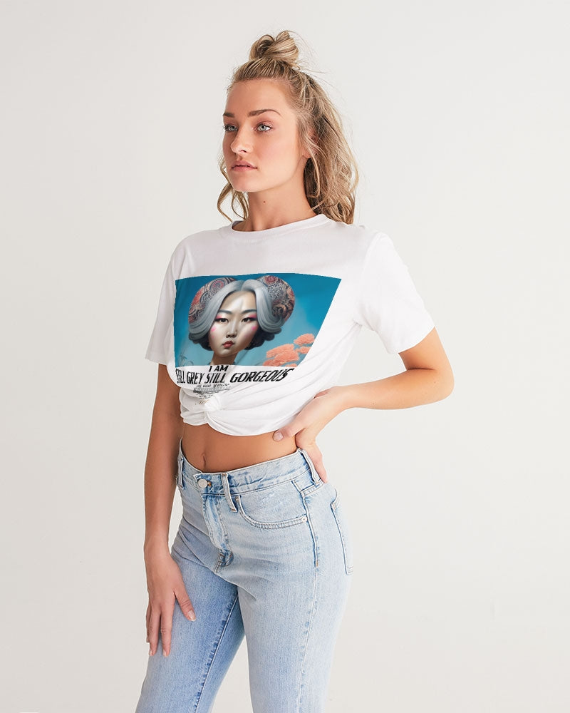 Promoting Asian women with silver grey Women's Twist-Front Cropped Tee